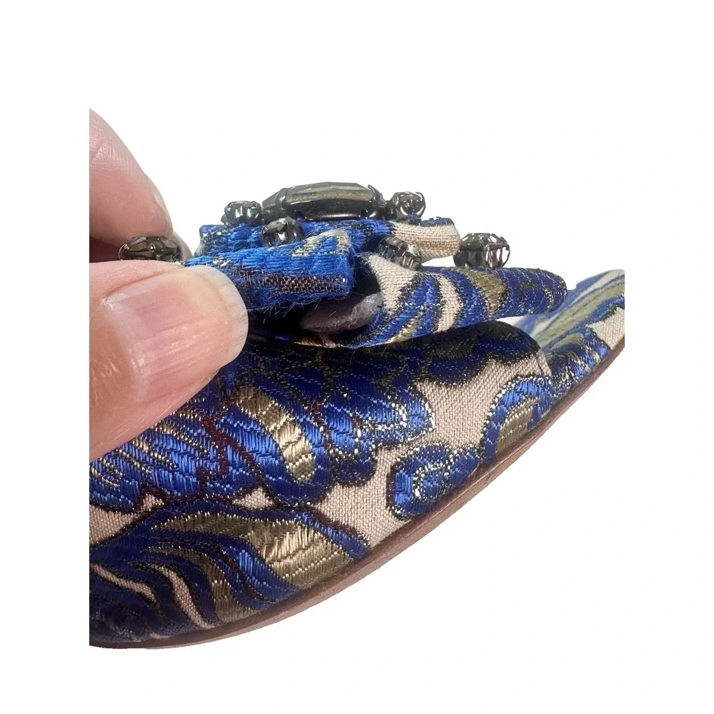 Tory Burch Women's 9 M Valentina Blue Metallic Brocade Crystal Bow Heel Sandals